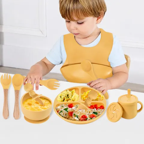 Baby Silicone Feeding Set Divided Plate Bib Fork Spoon Drinking Cup Infant Tableware Set Toddler Weaning Supplies