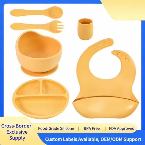 Baby Silicone Feeding Set Infant Weaning Tableware Toddler Divided Plate Bowl Bib Fork Spoon Drinking Cup Kids Safe