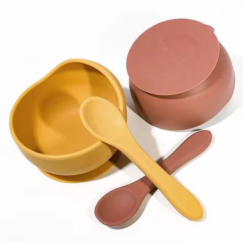 Baby Silicone Suction Bowl And Spoon Set Toddler Self Feeding Tableware Training Bowl Ergonomic Soft Silicone Baby Feeding Supplies