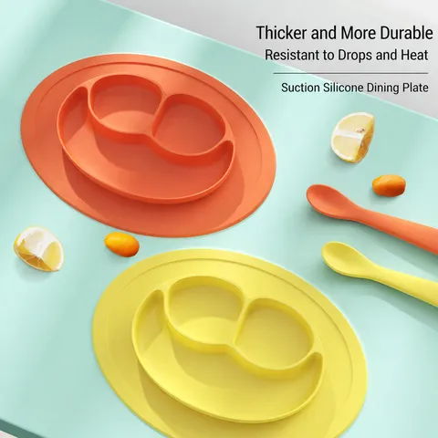 Baby Silicone Suction Divided Dinner Plate Cute Smile Face Toddler Feeding Dish Anti-Drop Kids Tableware