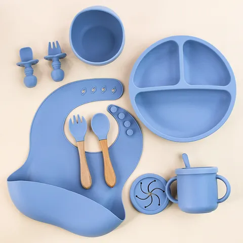 Baby Silicone Feeding Set Divided Dinner Plate Bowl Bib Spoon Fork Drinking Cup Toddler Tableware Baby Gift Set