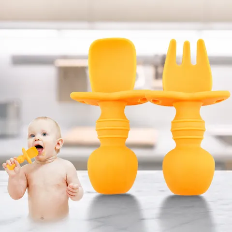 Baby Silicone Training Fork And Spoon Set Toddler Self Feeding Utensils With Anti Choking Guard Infant Weaning Tableware