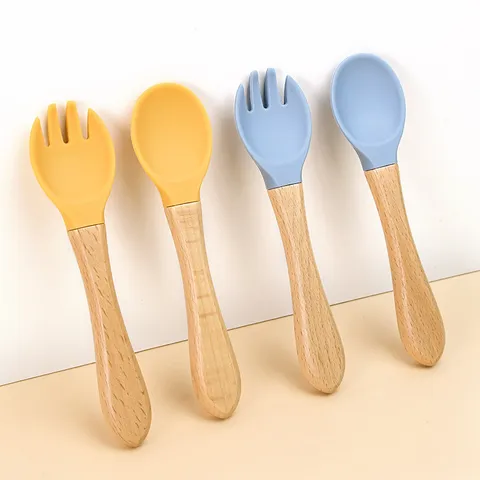 Children Silicone Wooden Handle Fork And Spoon Set Baby Training Tableware Kids Feeding Utensils