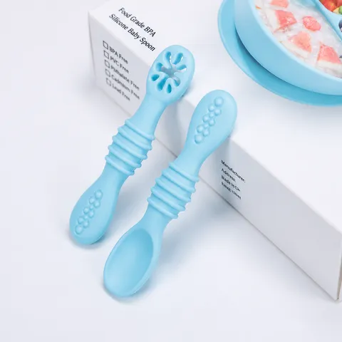Baby Silicone Training Spoon Fork Set Infant Feeding Utensils Anti Slip Handle Soft Teething Toddler Tableware