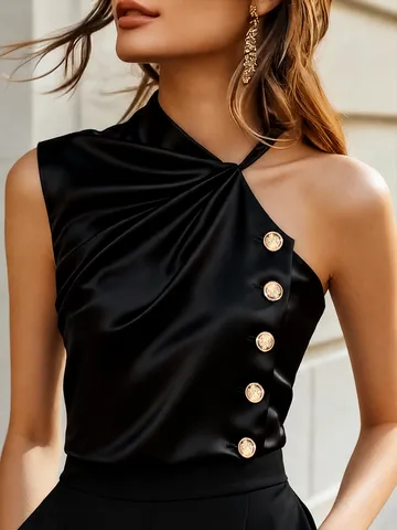 Womens Casual Halter Camisole Sleeveless Solid Color Tank Top Metal Button Regular Length Polyester Apparel