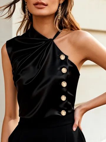 Womens Casual Halter Camisole Sleeveless Solid Color Tank Top Metal Button Regular Length Polyester Apparel