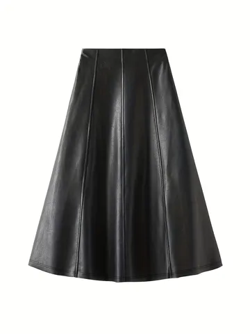 Women High Waist Mid Length A-Line PU Leather Skirt Elegant Black Solid Casual Pleated Umbrella Skirt Fashion Commute Bottoms