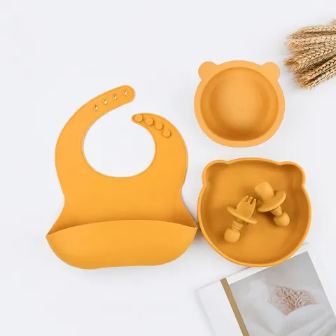 Baby Silicone Tableware Set Cute Bear Design Anti-Drop Suction Bowl Plate Spoon Fork Bib Infant Feeding Tableware