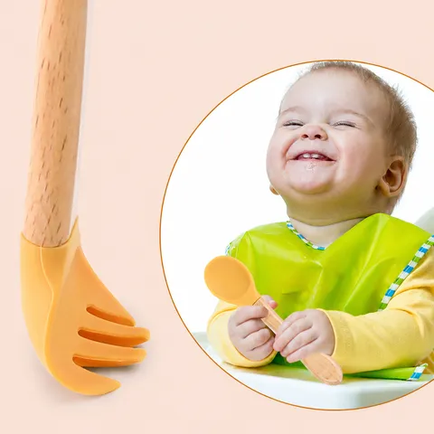 Baby Silicone Fork And Spoon Set Toddler Self Feeding Training Tableware Infant Ergonomic Cutlery With Wooden Handle Gift