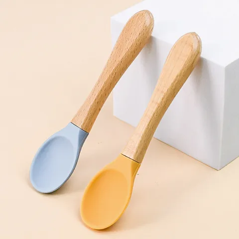 Baby Training Spoon And Fork Set Silicone Wooden Handle Infant Feeding Utensils Toddler Self Feeding Tableware