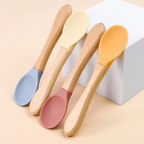 Baby Training Spoon And Fork Set Silicone Wooden Handle Infant Feeding Utensils Toddler Self Feeding Tableware