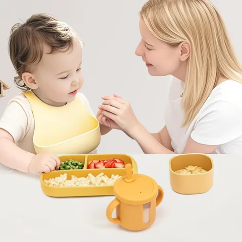 Baby Silicone Training Water Cup With Dual Handles Transparent Scale Window Straw And Snack Lid Kids Leakproof Sippy Cup