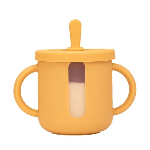Baby Silicone Training Water Cup With Dual Handles Transparent Scale Window Straw And Snack Lid Kids Leakproof Sippy Cup