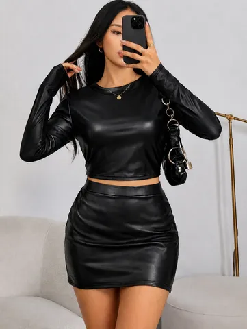 Women Fashion Stand Collar Long Sleeve Pleated Faux Leather Two Piece Set Slim Fit Crop Top And Bodycon Mini Skirt Suit