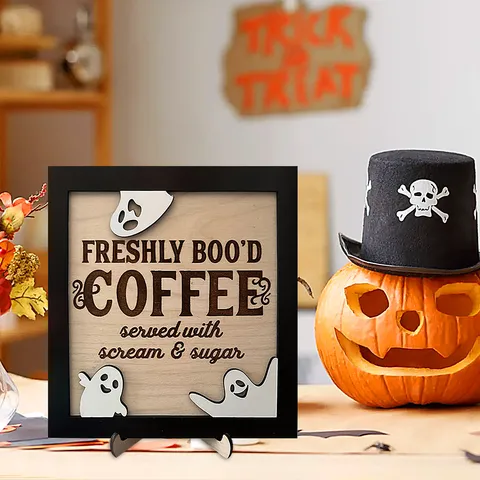 Halloween Wooden Tabletop Ornament Ghost Coffee Sign Tiered Tray Decor Cute Desktop Wood Plaque Sign For Home Party Decor