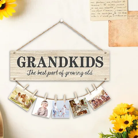 Hölzernes Enkel Kinder Fotorahmen Hängendes Schild Rustikale Vintage Wanddekoration Mit Jutesilber Und Holzklammern Für Zuhause Wohnzimmer