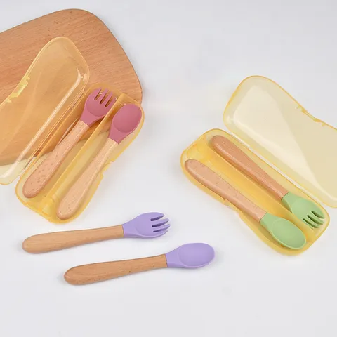 Baby Silicone Spoon And Fork Set Wooden Handle Infant Self Feeding Training Tableware Portable Storage Box Toddler Utensils