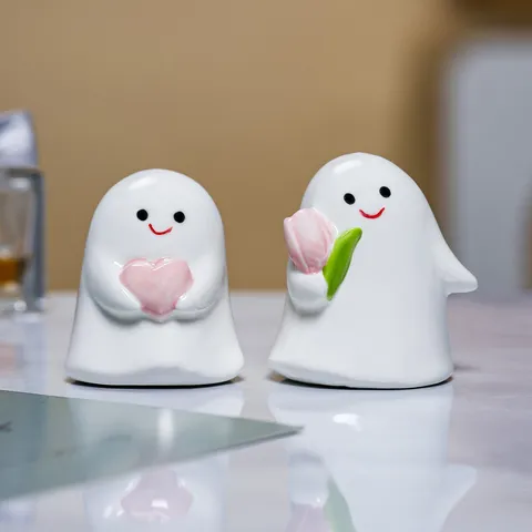 Adorno de Escritorio de Cerámica Minimalista Fantasma y Pato Lindo Estatuilla de Artesanía de Dibujos Animados para Decoración de Mesa de Hogar Oficina
