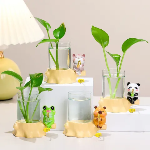 Cute Cartoon Animal Fishing Hydroponic Vase Resin Tree Stump Base With Clear Glass Container Desktop Plant Ornament Home Decor