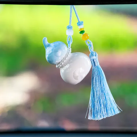 Ceramic Gourd Car Hanging Ornament Rearview Mirror Pendant Lucky Blessing Tassel Beaded Auto Interior Decor Gift