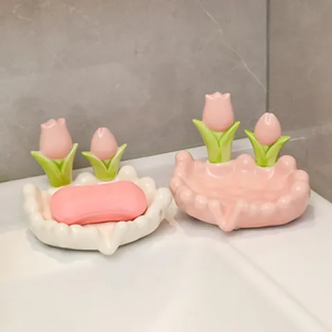 Jabonera de Cerámica Creativa Drenaje Tulipán Floral Lindo Soporte de Jabón de Baño Bandeja de Jabón de Lujo para Decoración del Hogar