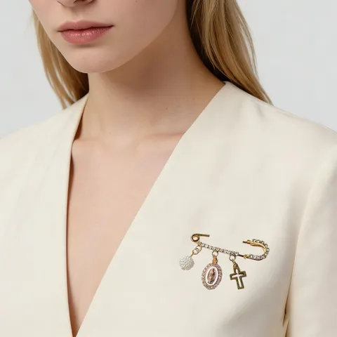 Vintage Rhinestone Pearl Cross Virgin Mary Safety Pin Brooch Elegant Alloy Brooch For Women Coat Cardigan Jewelry