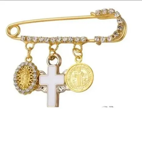 Vintage Rhinestone Pearl Cross Virgin Mary Safety Pin Brooch Elegant Alloy Brooch For Women Coat Cardigan Jewelry