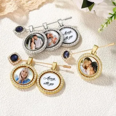 Rhinestone Photo Locket Brooch Pin Alloy Rotating Double Sided Tray Memory Brooch Wedding Jewelry Gift For Unisex