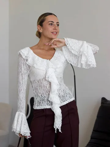 Γυναικείο T-Shirt Μακρυμάνικο με Δαντέλα Brocade Γαλλικού Σχεδιασμού Άνοιξη Elegant Slim Fit Chic Top
