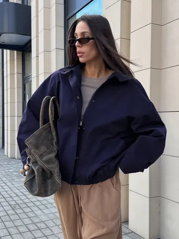Dames Amerikaanse Workwear Stijl Staande Kraag Jas Losse Afhangende Schouder Katoen Casual Utility Bovenkleding Top