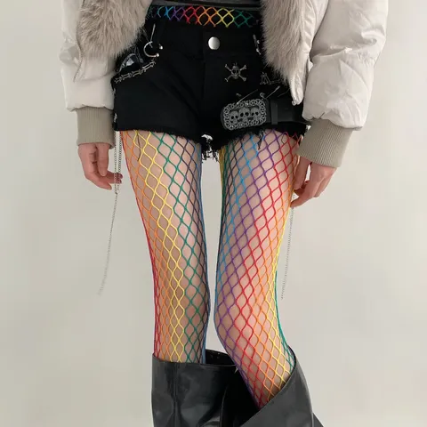 Women Y2K Sexy Rainbow Mesh Tights Hollow Out Colorblock Fishnet Stockings Gothic Punk Grid Pantyhose Hosiery Leggings