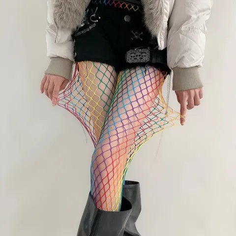 Damen Y2K Sexy Regenbogen Patchwork Ausschnitt Netzstrumpfhose Mesh Strumpfhose Atmungsaktiv Bunte Gitterstrümpfe Für Party Club