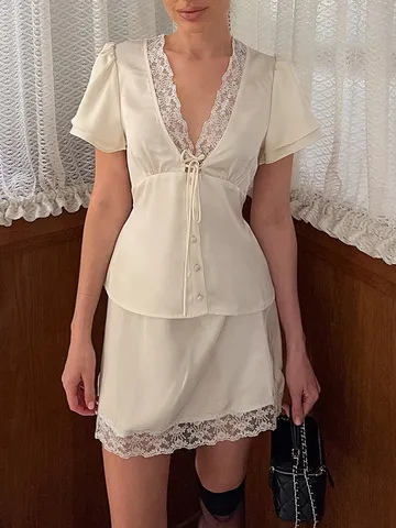 Women Satin Lace Patchwork Two-Piece Set Elegant V-Neck Short Sleeve Top And Mini Skirt Waist Tie Retro Summer Outfit