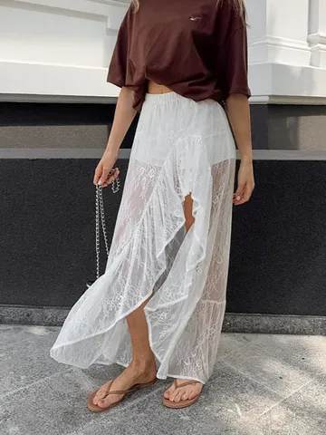 Women's Elegant White Lace See-Through Irregular Long Skirt Ruffle Hem High Slit Knitted Sweet Commuter Style Skirt Bottom
