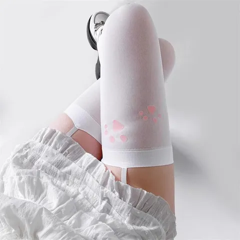 Calze Sopra il Ginocchio Donna Sexy Stampa Zampa di Gatto Estive Sottili in Velluto con Giarrettiera Stile Anime JK Collant Nylon