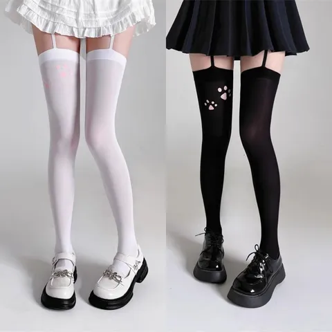 Calze Sopra il Ginocchio Donna Sexy Stampa Zampa di Gatto Estive Sottili in Velluto con Giarrettiera Stile Anime JK Collant Nylon