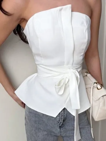 Damen Sexy Trägerlos Tube Top Slim Fit Schnürung Taille Bandeau Top Sommer Ärmellos Schlitz Saum Viskose Nylon Weste Streetwear