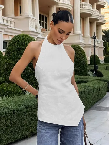 Débardeur Dos Nu Sexy pour Femmes en Coton Couleur Unie Lacet Sans Manches Haut de Gilet Été Mode Casual Simple