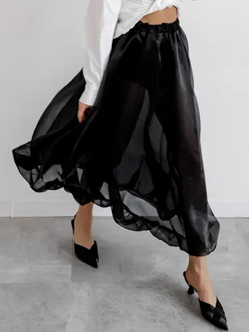 Women Sexy Sheer Mesh High Waist Maxi Skirt Spliced Tulle Puffy Skirt Elegant Solid Color Streetwear A-Line Skirt