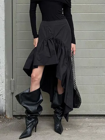 Women's High Waist Irregular Ruffle Hem Skirt 2025 Autumn Fashion Solid Black Pure Cotton Layered Mid-Length Skirt Casual Commuting Bottoms