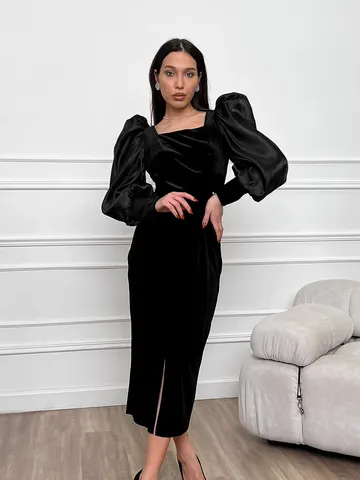 Vestido Largo Sexy Elegante para Mujer con Cuello Cuadrado y Manga Abullonada Corte Ajustado Negro Terciopelo Manga Larga Abertura Recto Bodycon Fiesta