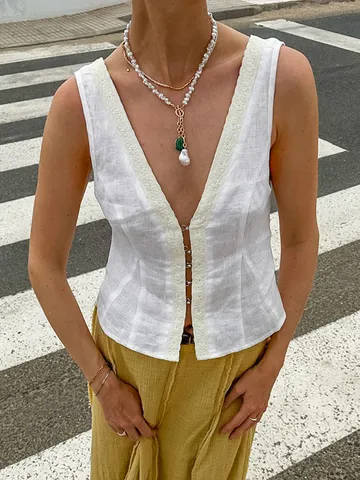 Gilet Donna in Cotone Stile Francese Senza Maniche con Finiture in Pizzo Top Minimalista Scollo a V Patchwork Canotta Estiva
