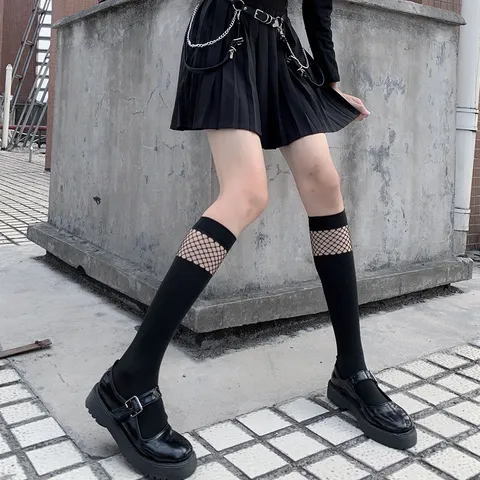 Women's JK Style Hollow Out Mesh Patchwork Calf Socks Harajuku Thin Mid-Calf Fishnet Socks For Spring Summer