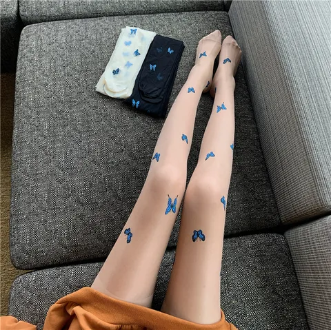 Women Sexy Sheer Pantyhose Butterfly Print Thin Jacquard Tights Fashion Summer Silk Stockings Fairy Style Leggings For Dating Party