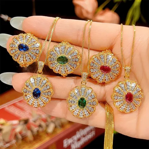 Vintage Copper Gold Plated Zirconia Jewelry Set For Women Red Blue Green Oval Gemstone Pendant Necklace Open Ring Fashion Jewelry