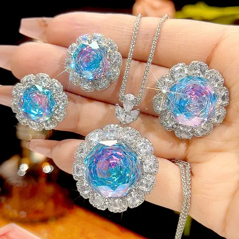 Luxus Kupfer Zirkonia Schmuckset Für Damen Blumen Anhänger Halskette Ring Ohrstecker Verlauf Farbe Bankett Finger Schmuck