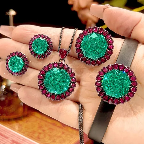 Vintage Black Gold Plated Copper Simulated Paraiba Green Rhinestone Jewelry Set Women Luxury Flower Necklace Ring Earrings Wrist Jewelry