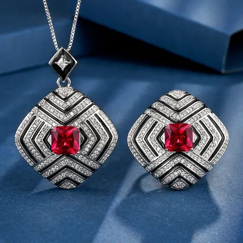 Vintage Simulierter Roter Korund Schmuckset Vergoldetes Kupfer Prinzessin Quadrat Strass Halskette Und Ring Für Damen Elegantes Party Schmuck