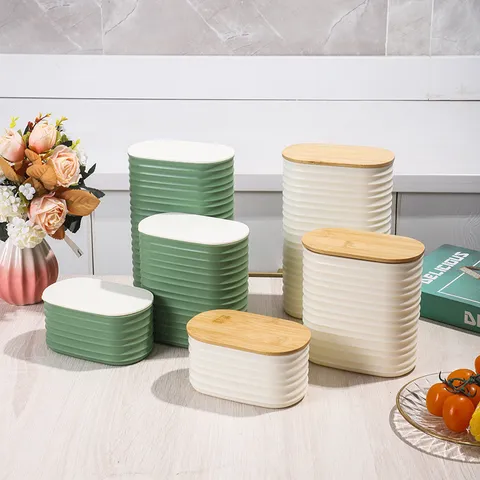Plastic Storage Jar With Lid Modern Ribbed Design Kitchen Food Container Organizer For Home Desktop Pantry Storage