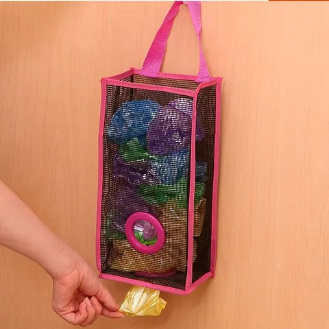 Hanging Trash Bag Storage Bag Mesh Plastic Bag Dispenser Nylon Grocery Bag Holder Japanese Style Organizer For Kitchen Bathroom